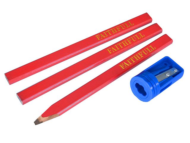Faithfull Carpenters Pencils Red (3) and Sharpener