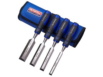Soft-Grip Bevel Edge Chisels - Set of 4 with Chisel Roll